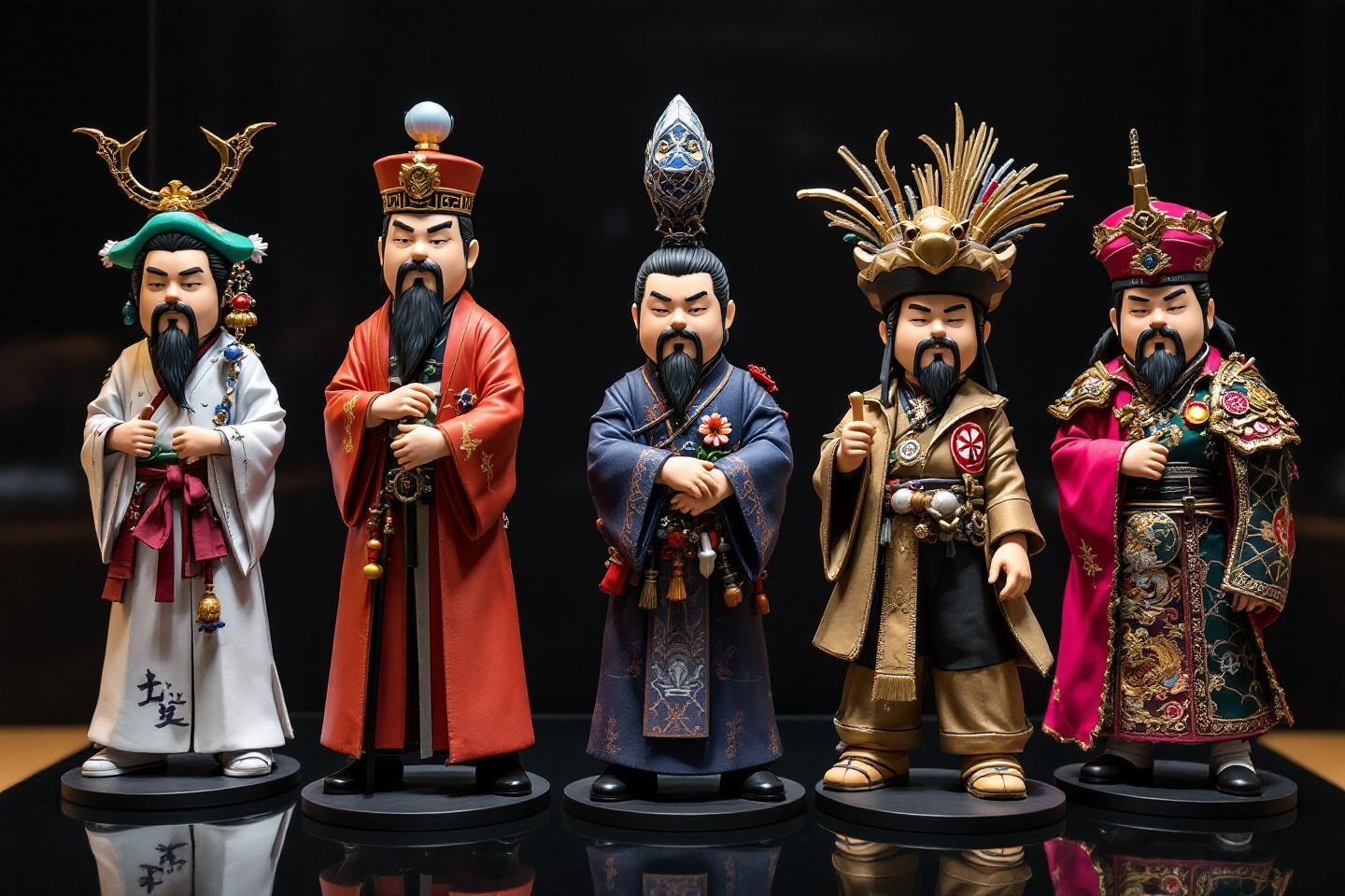Cinq statuettes de personnages historiques chinois en costume traditionnel