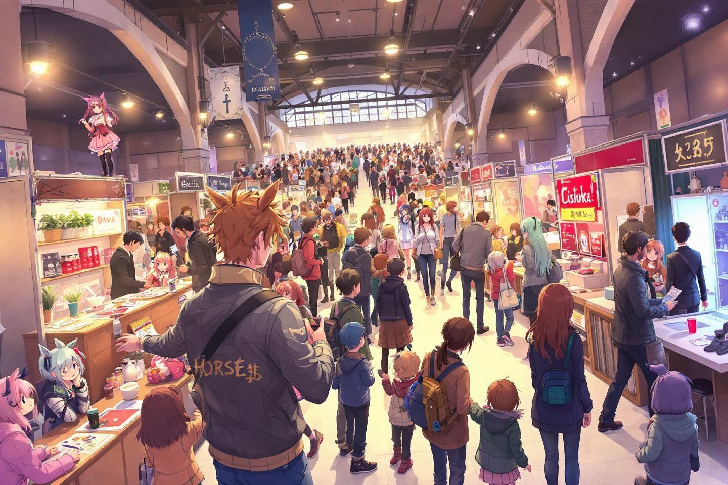Sc&egrave;ne anim&eacute;e de march&eacute; int&eacute;rieur bond&eacute; avec stands et visiteurs