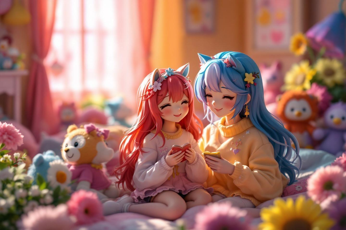 Deux personnages manga souriants entour&eacute;s de fleurs et peluches