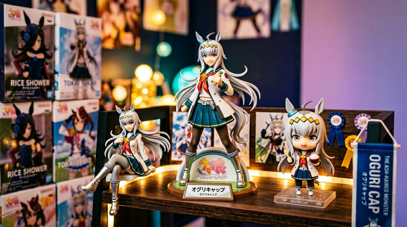 Trois figurines anime avec oreilles de lapin exposées sous lumières