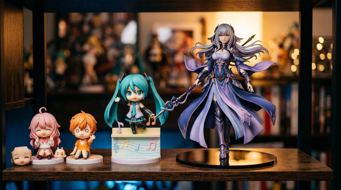 Figurines anime exposées sur étagère illuminée