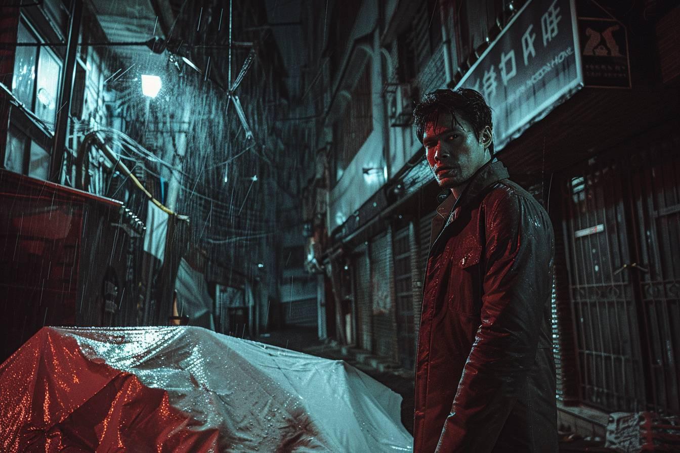 Un homme v&ecirc;tu d'une veste rouge se tient dans une ruelle sombre et pluvieuse de Tokyo.