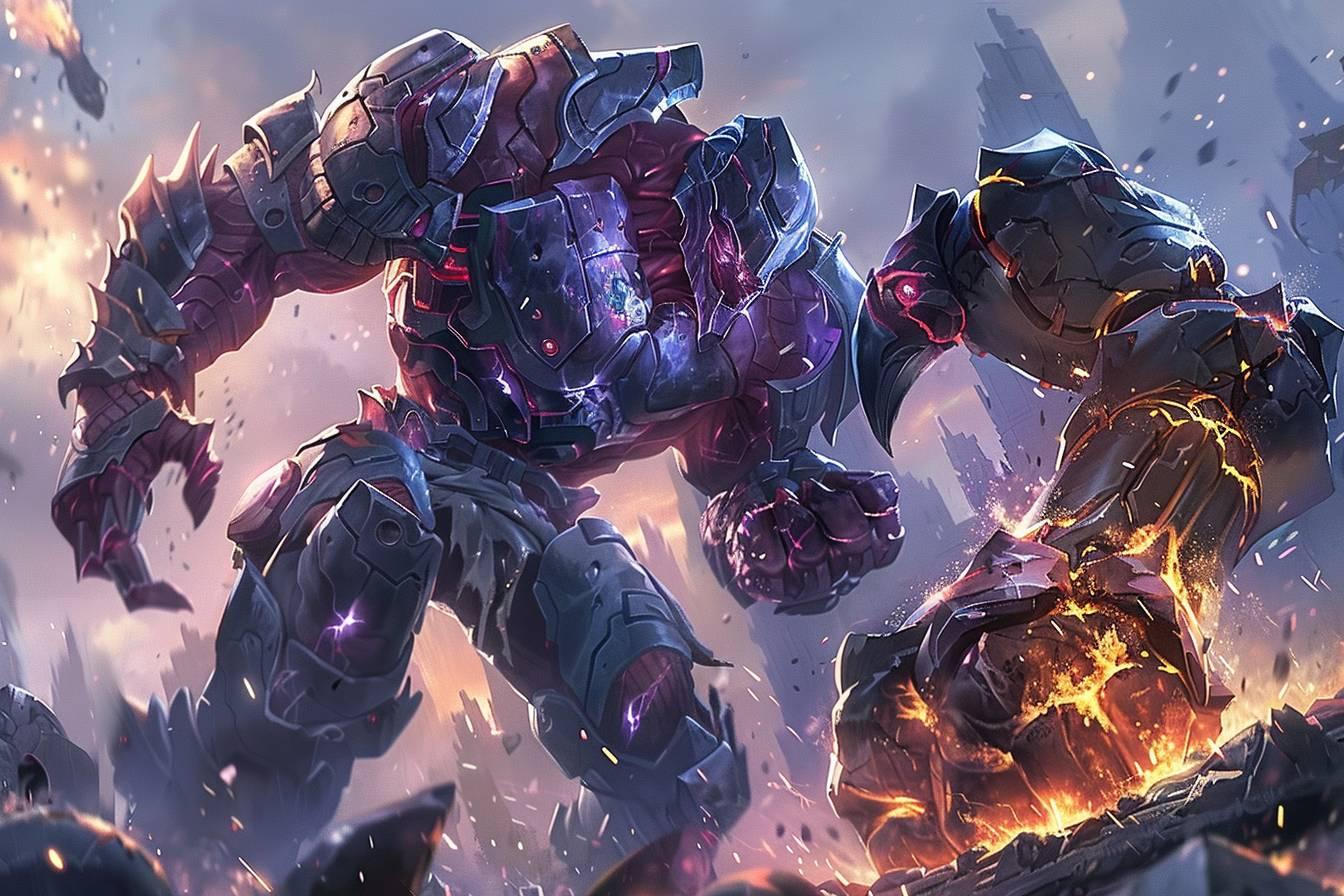 Illustration d'une bataille futuriste impliquant deux robots g&eacute;ants puissamment arm&eacute;s.