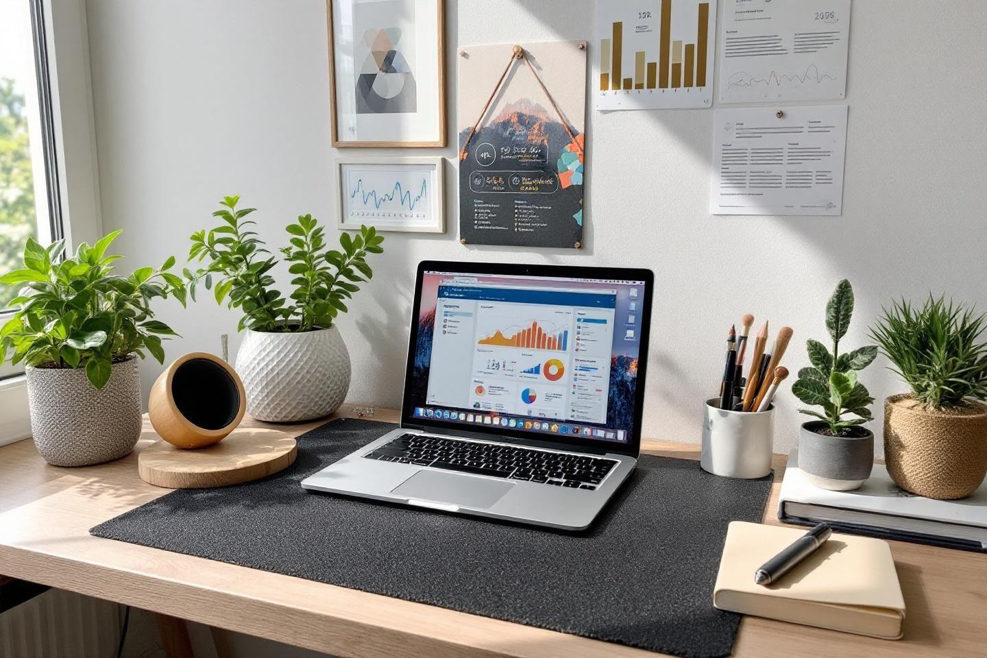 Espace de travail avec ordinateur portable, graphiques et plantes vertes