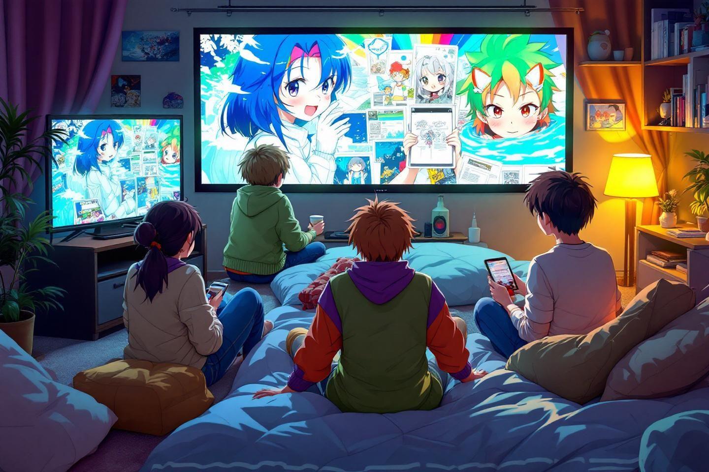 Jeunes regardant un écran d'animation coloré dans une chambre confortable