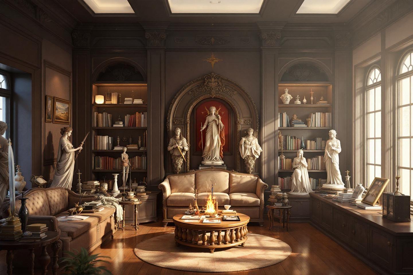 Intérieur luxueux avec statues, livres, canapé et feu central