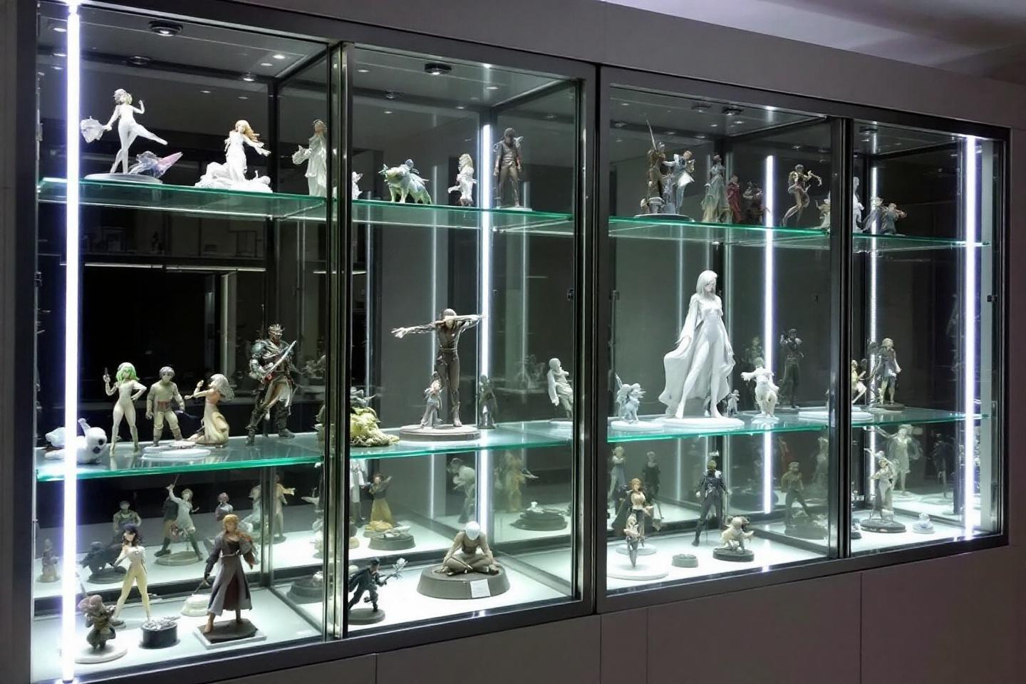 Nombreuses figurines disposées sur des étagères de verre illuminées