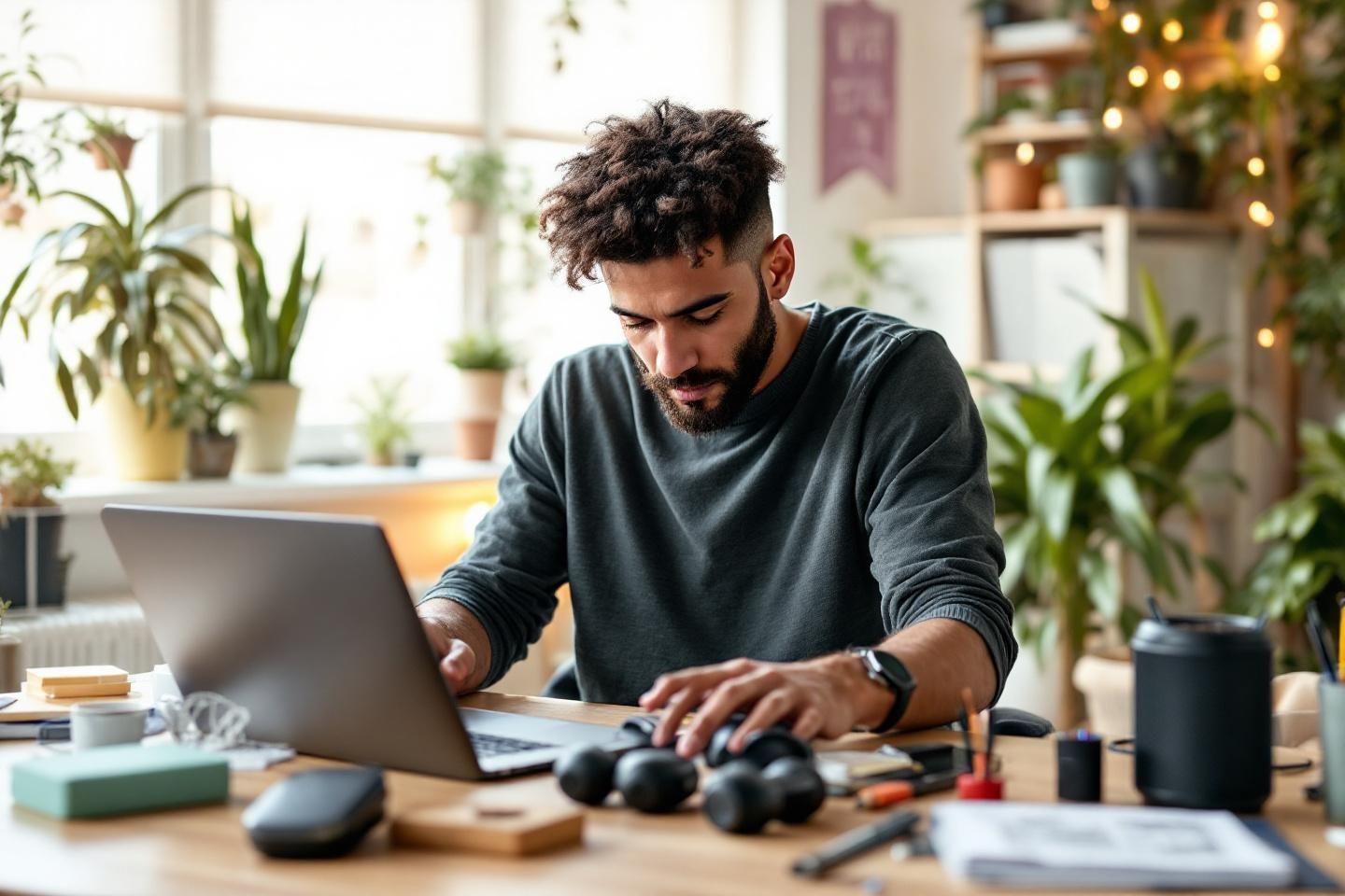Homme concentré travaillant sur un ordinateur portable entouré de plantes