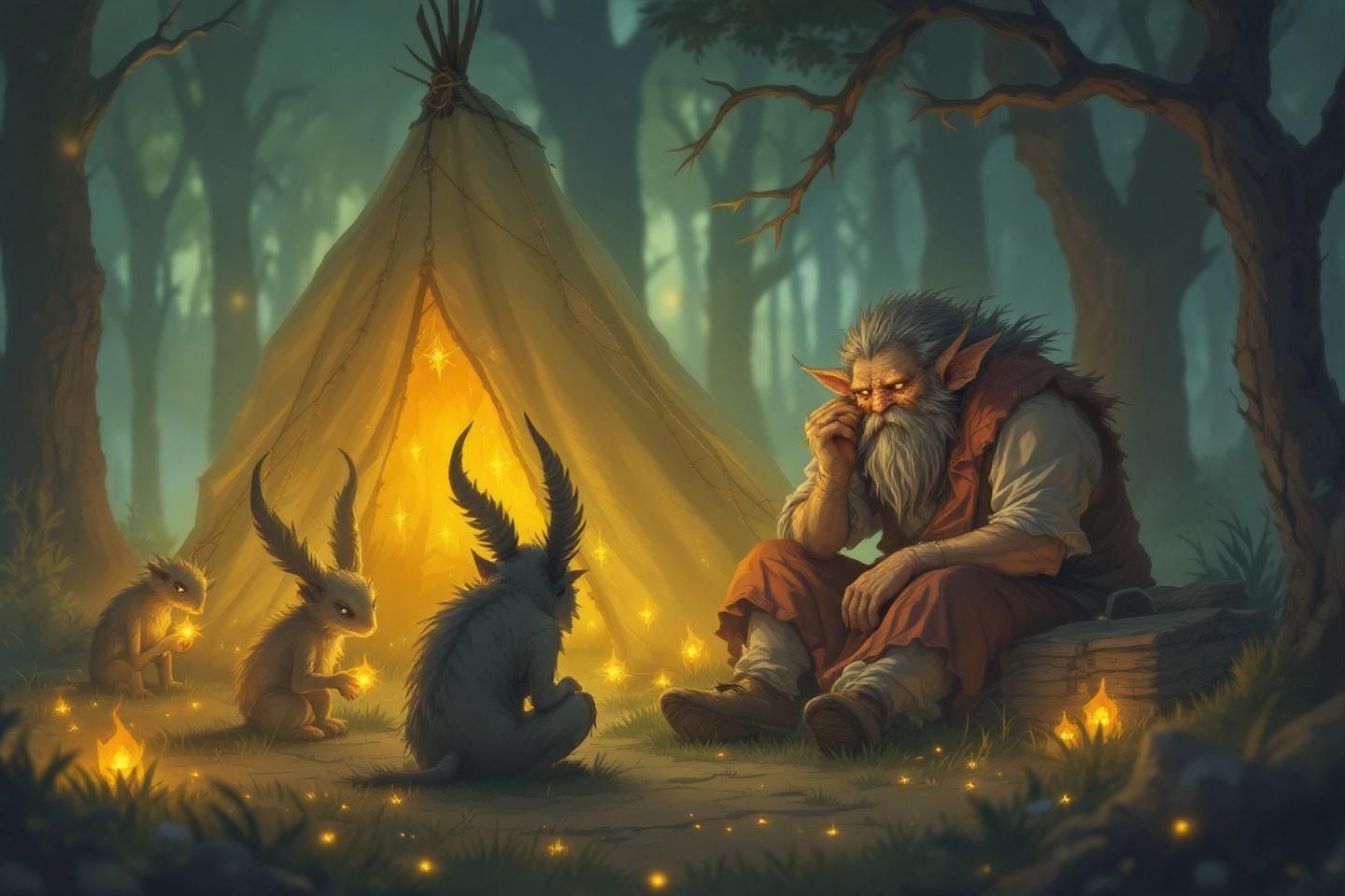 Vieux sage et créatures fantastiques près d'un tipi lumineux