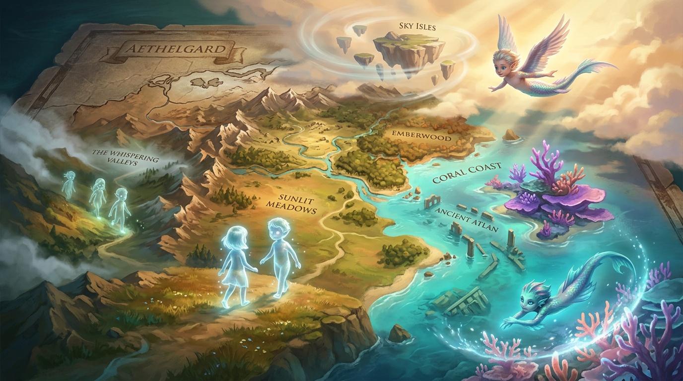 Carte fantastique avec créatures magiques et régions mystiques