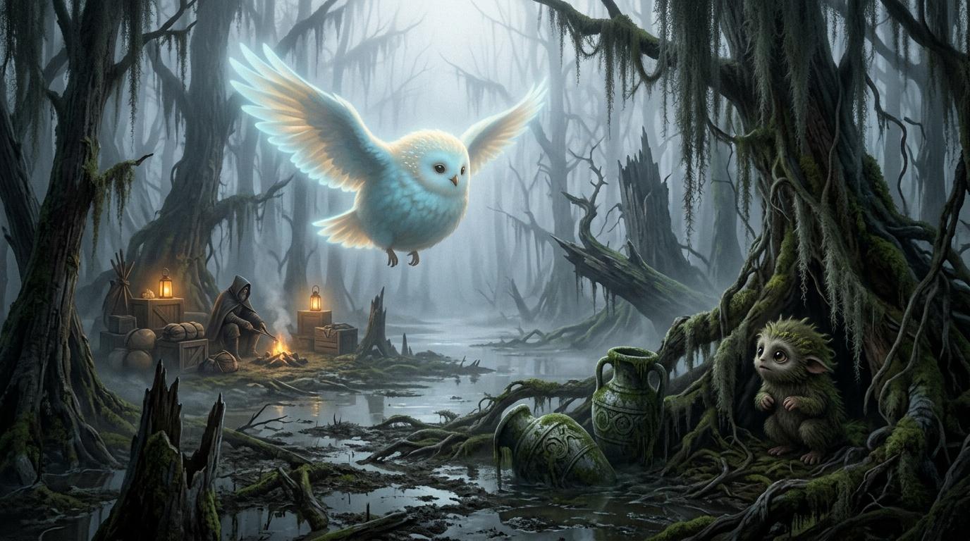 Hibou luminescent volant au-dessus forêt marécageuse mystique.
