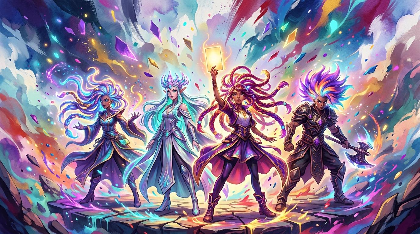 Quatre personnages fantastiques aux cheveux colorés entourés de magie étincelante