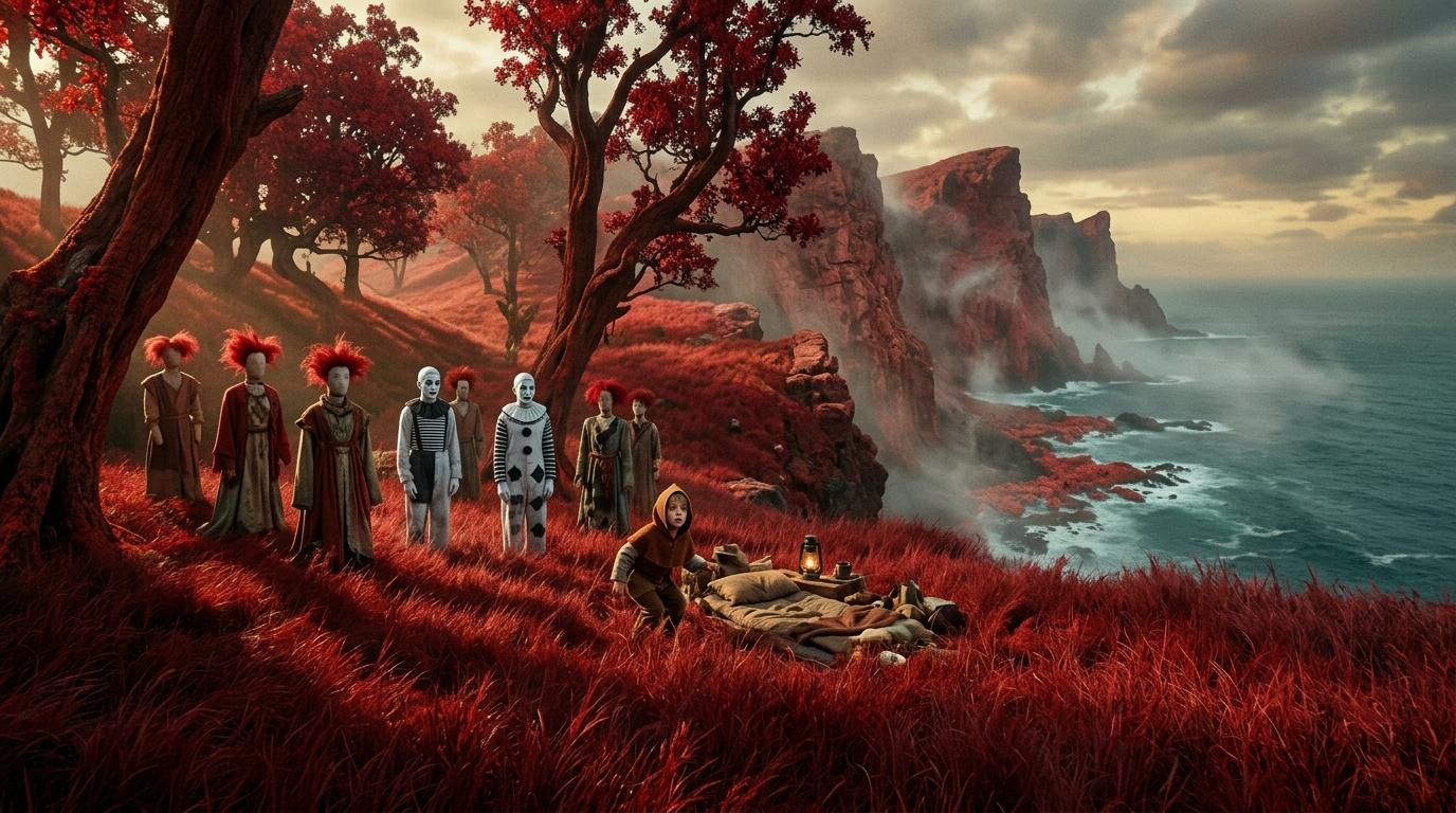 Créatures fantastiques réunies dans un paysage rouge côtier.