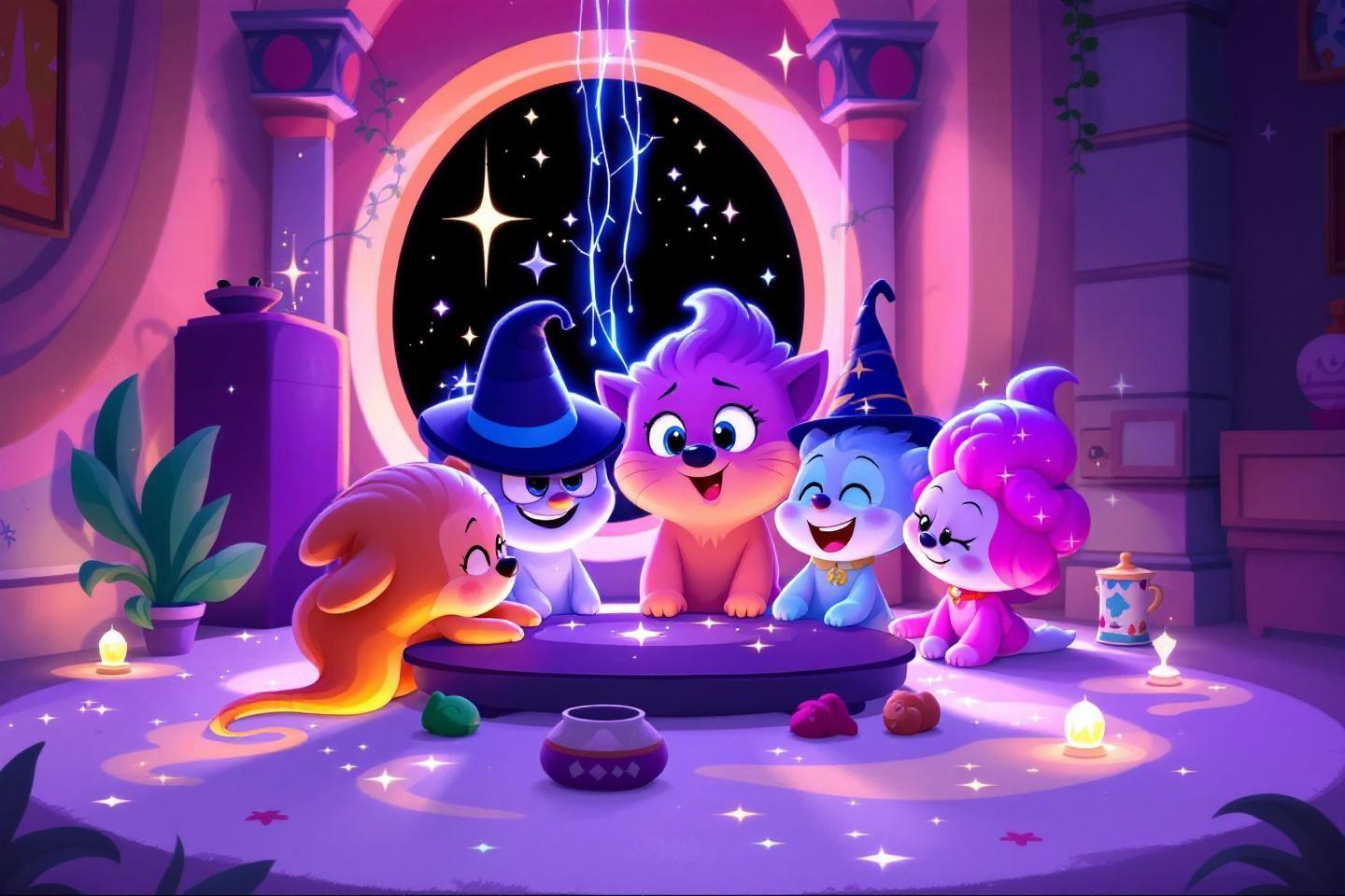 Animaux mignons avec des chapeaux de magicien r&eacute;unis autour d'une table magique