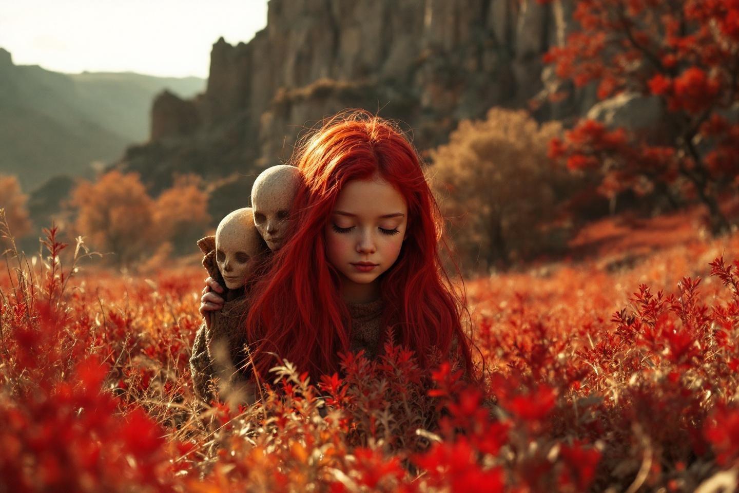 Femme rousse m&eacute;lancolique avec cr&eacute;atures fantomatiques dans prairie rouge