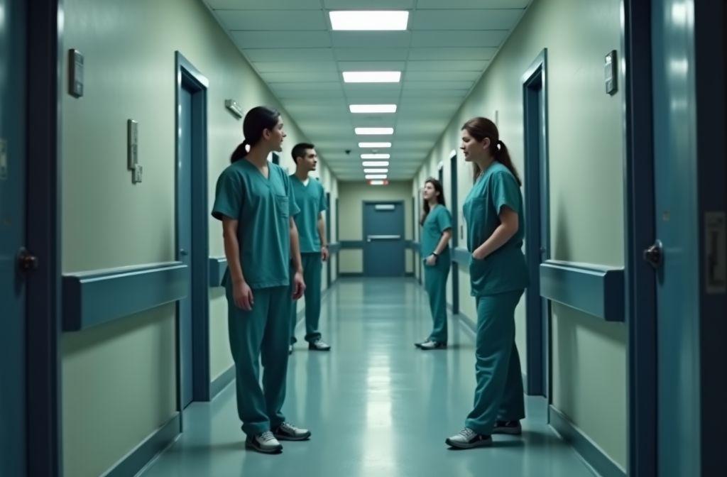 Infirmiers en tenue verte dans un couloir d'hôpital