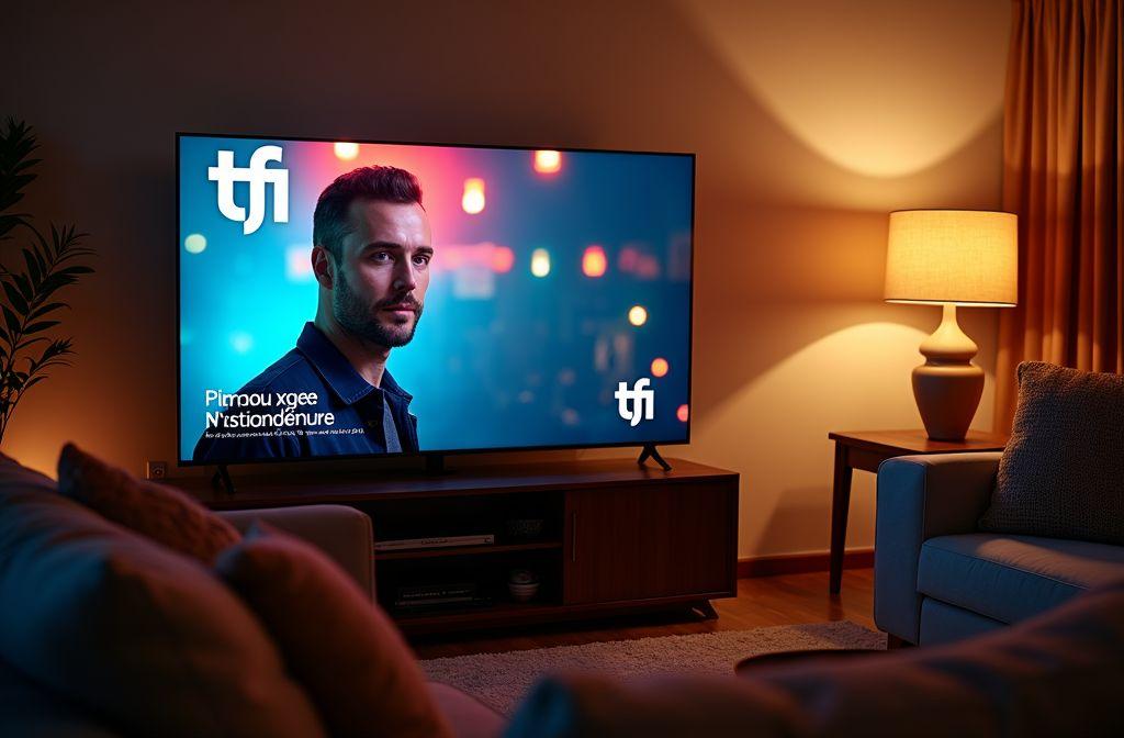 Grand écran TV diffusant programme avec éclairage d'ambiance chaleureux