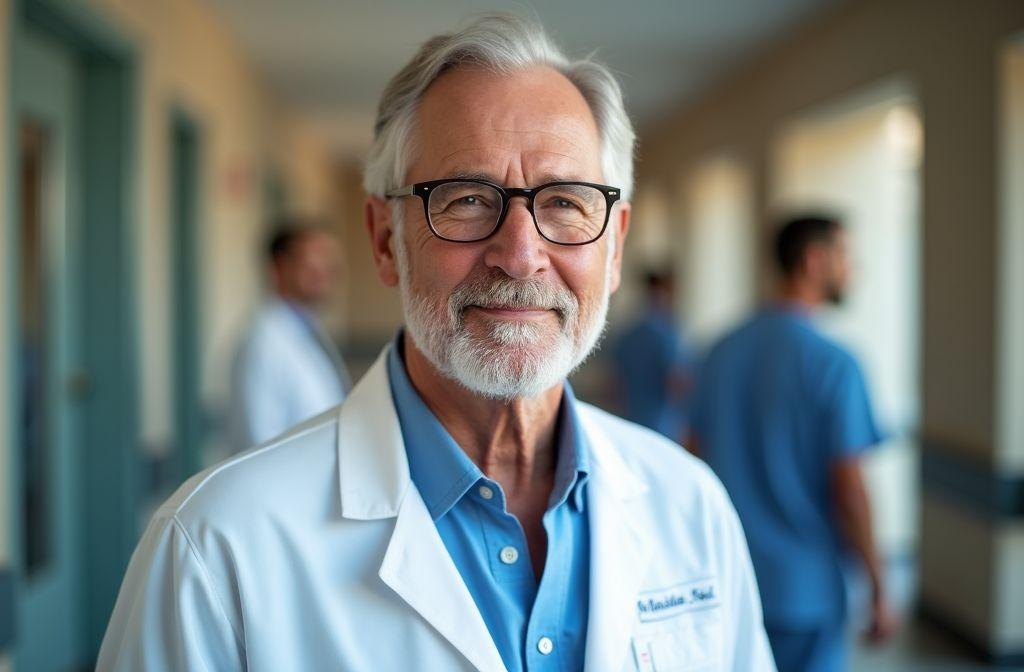 Professeur âgé souriant en blouse blanche dans un corridor médical