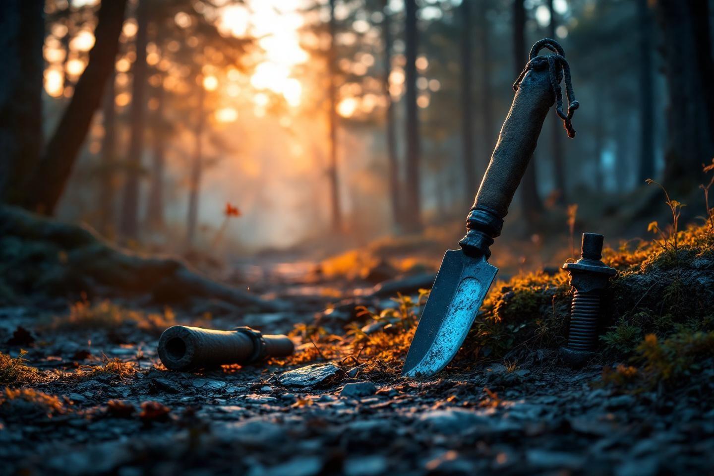 Pelle et bouteille abandonnées dans une forêt brumeuse