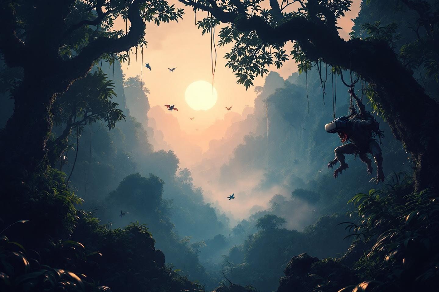 For&ecirc;t brumeuse avec silhouettes d'arbres et d'oiseaux volants