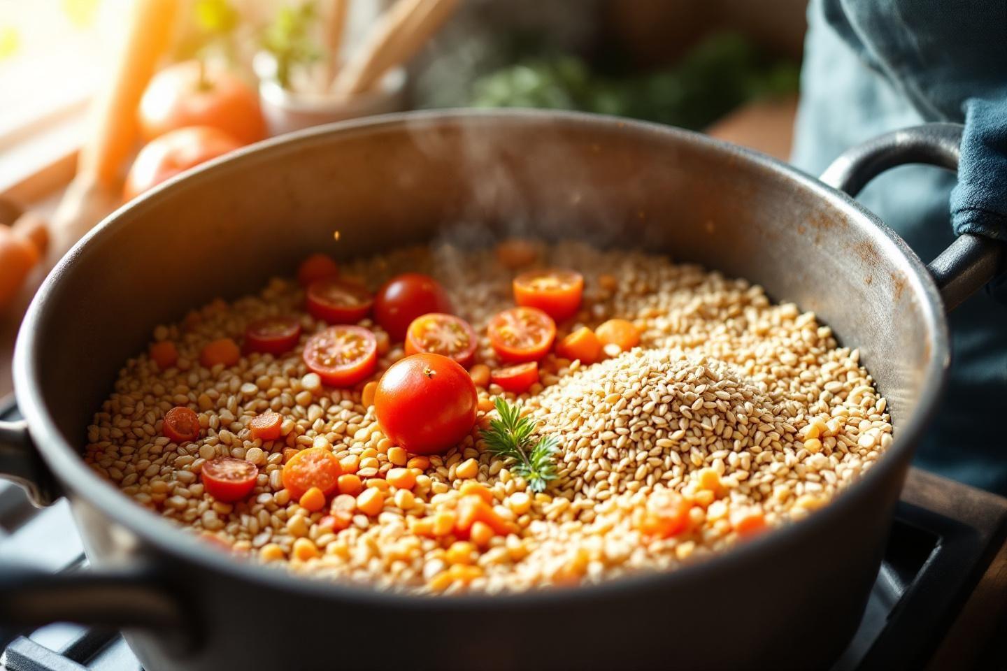 Po&ecirc;le de lentilles dor&eacute;es et tomates cerises fra&icirc;ches
