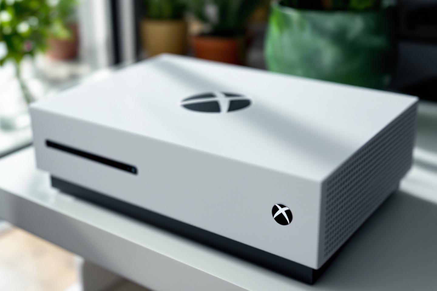 Console Xbox blanche posée sur une surface grise avec plantes