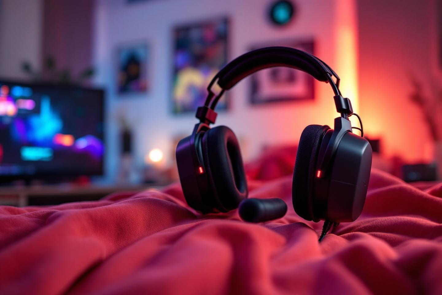 Casque noir sur tissu rouge, écran flou en arrière-plan