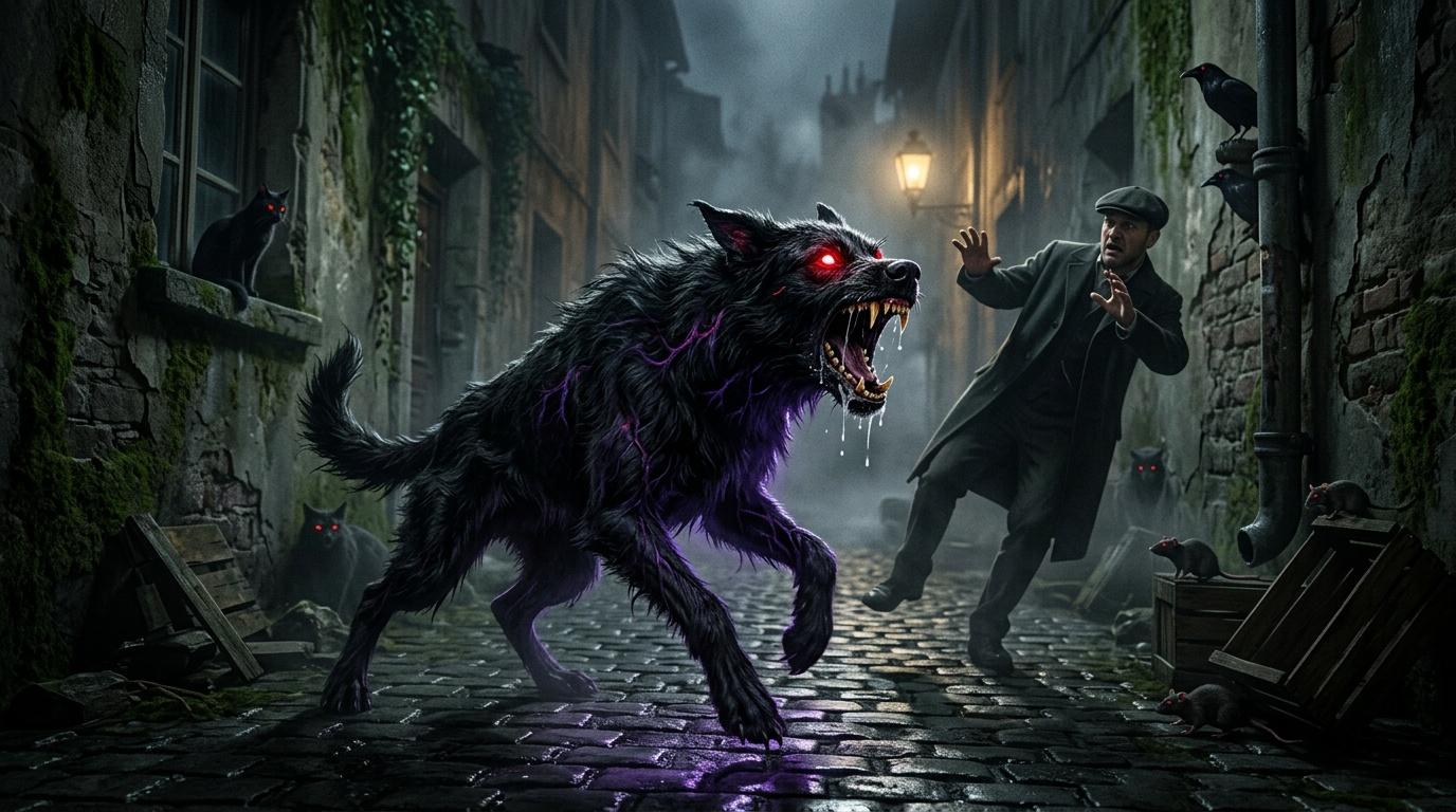 Créature noire aux yeux rouges attaque homme dans ruelle gothique
