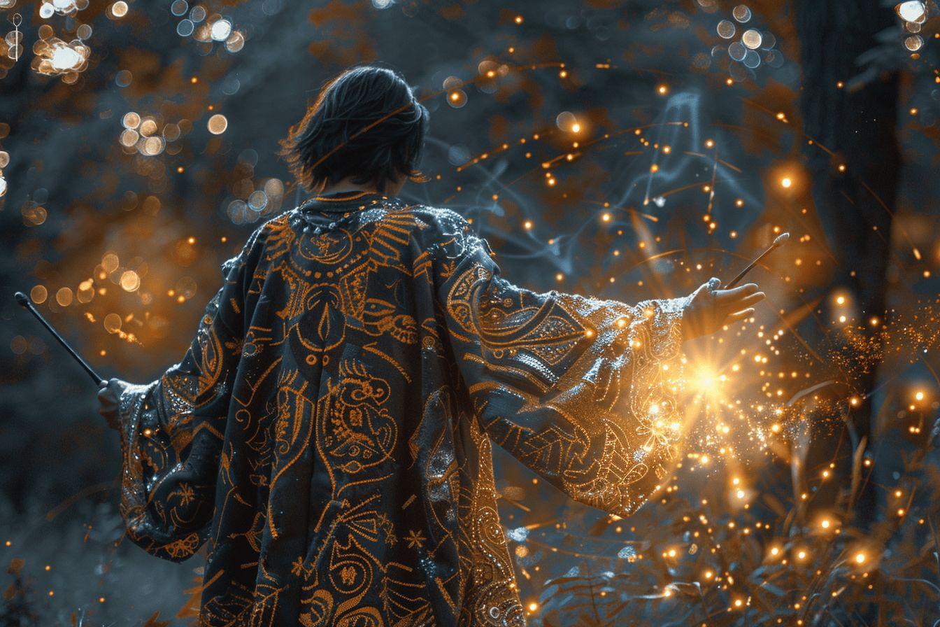 Silhouette d'une personne en manteau d&eacute;cor&eacute;, face &agrave; des lumi&egrave;res scintillantes.