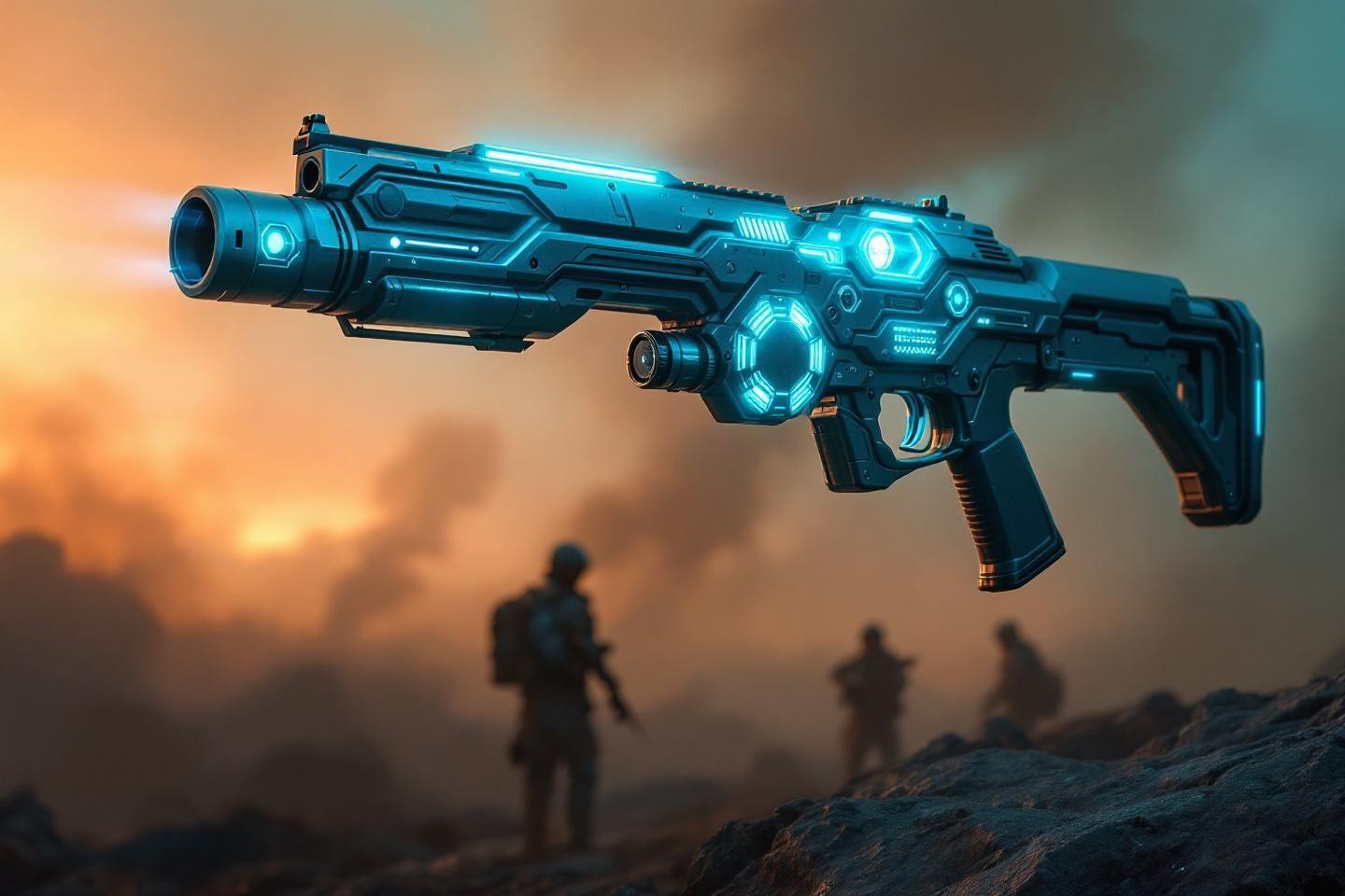 Arme high-tech brillante avec silhouettes militaires en arri&egrave;re-plan