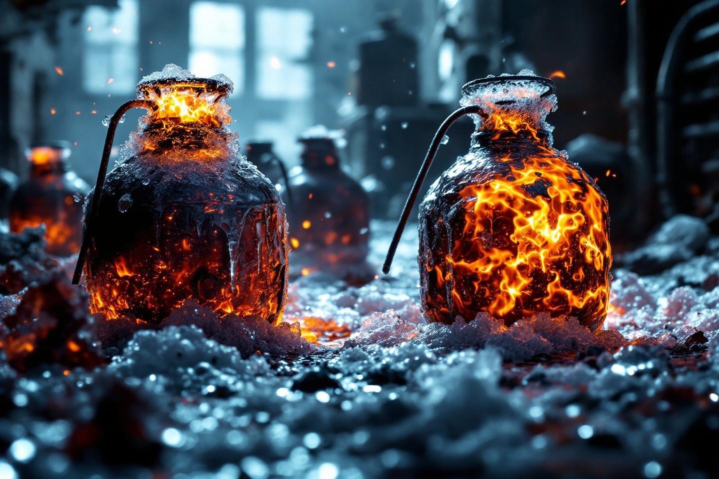 Grenades en feu sur un sol glac&eacute; et sombre