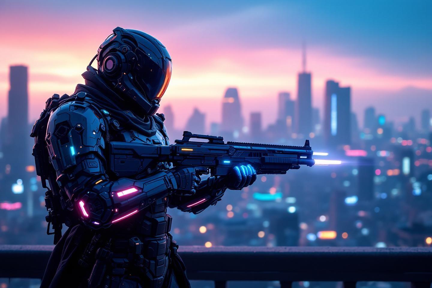 Combattant robotique arm&eacute; surplombant une m&eacute;tropole futuriste