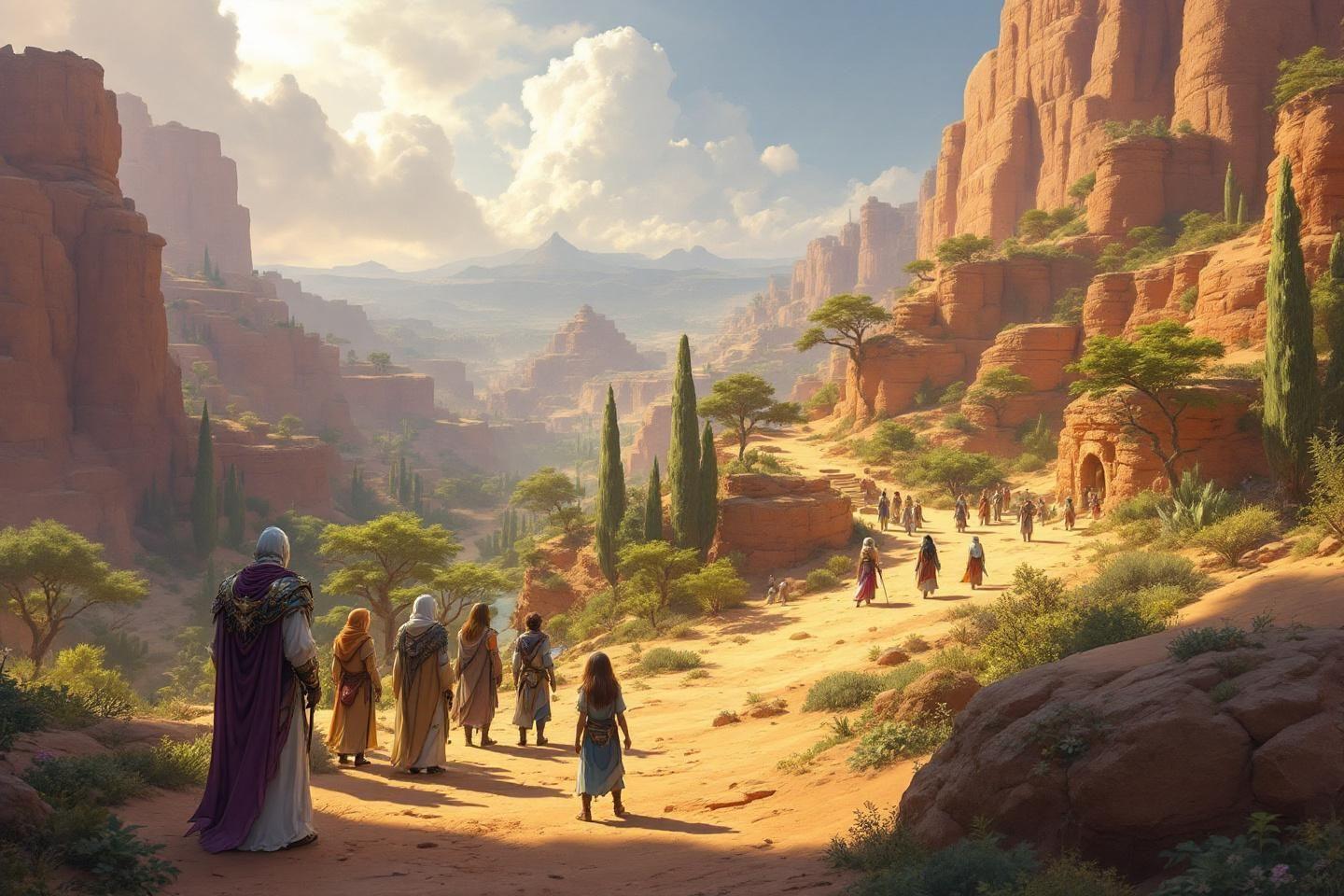 Groupe de personnages en robes marchant dans un paysage rocheux