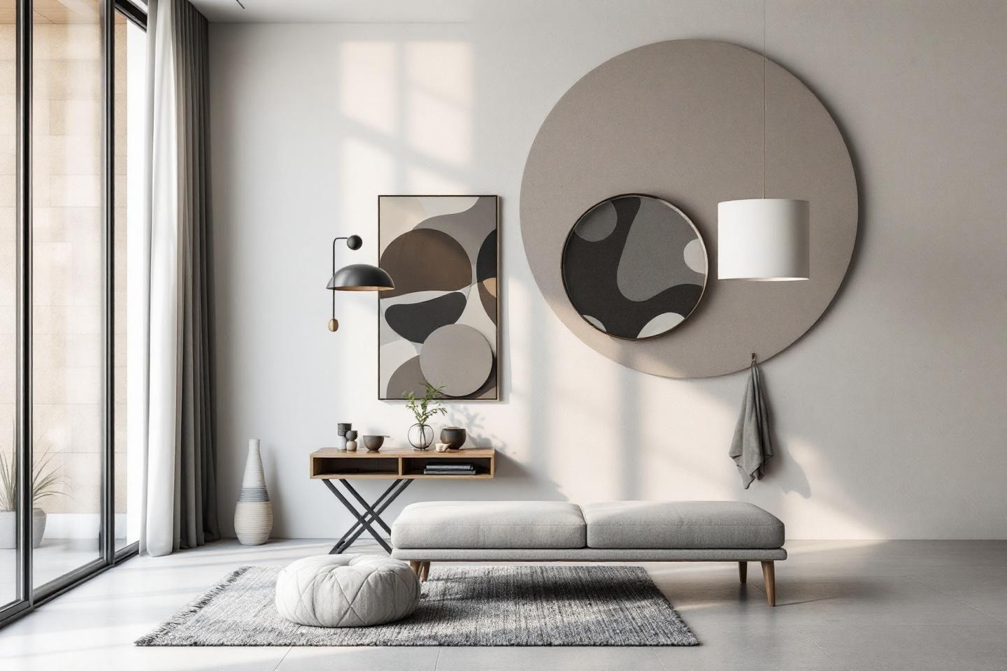 Intérieur moderne avec canapé, miroirs circulaires et décoration