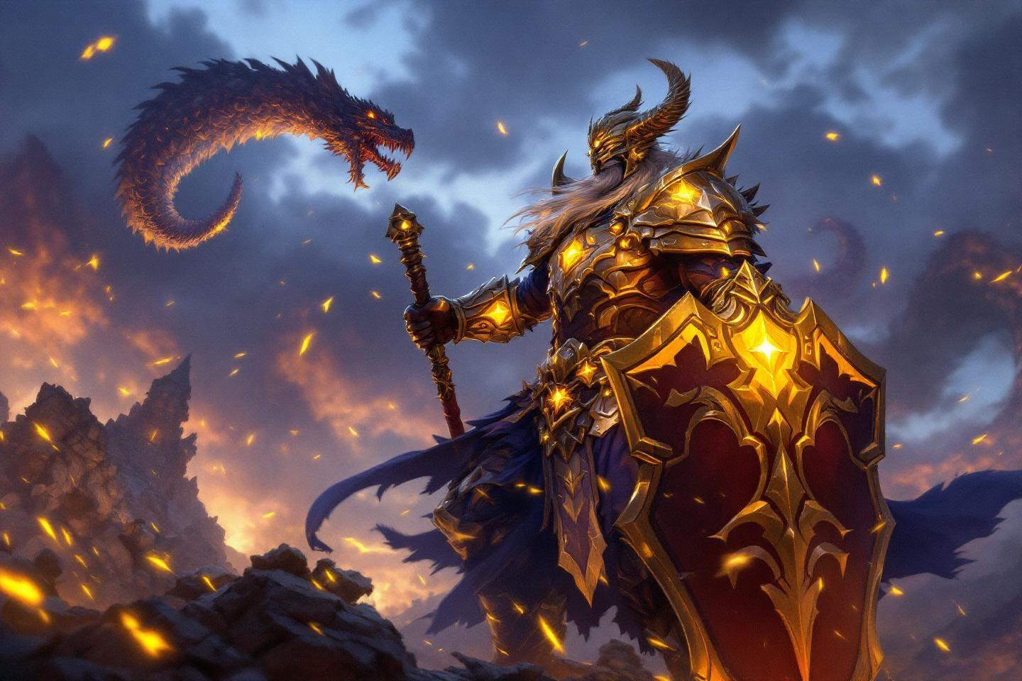 Guerrier en armure dor&eacute;e affrontant des dragons enflamm&eacute;s