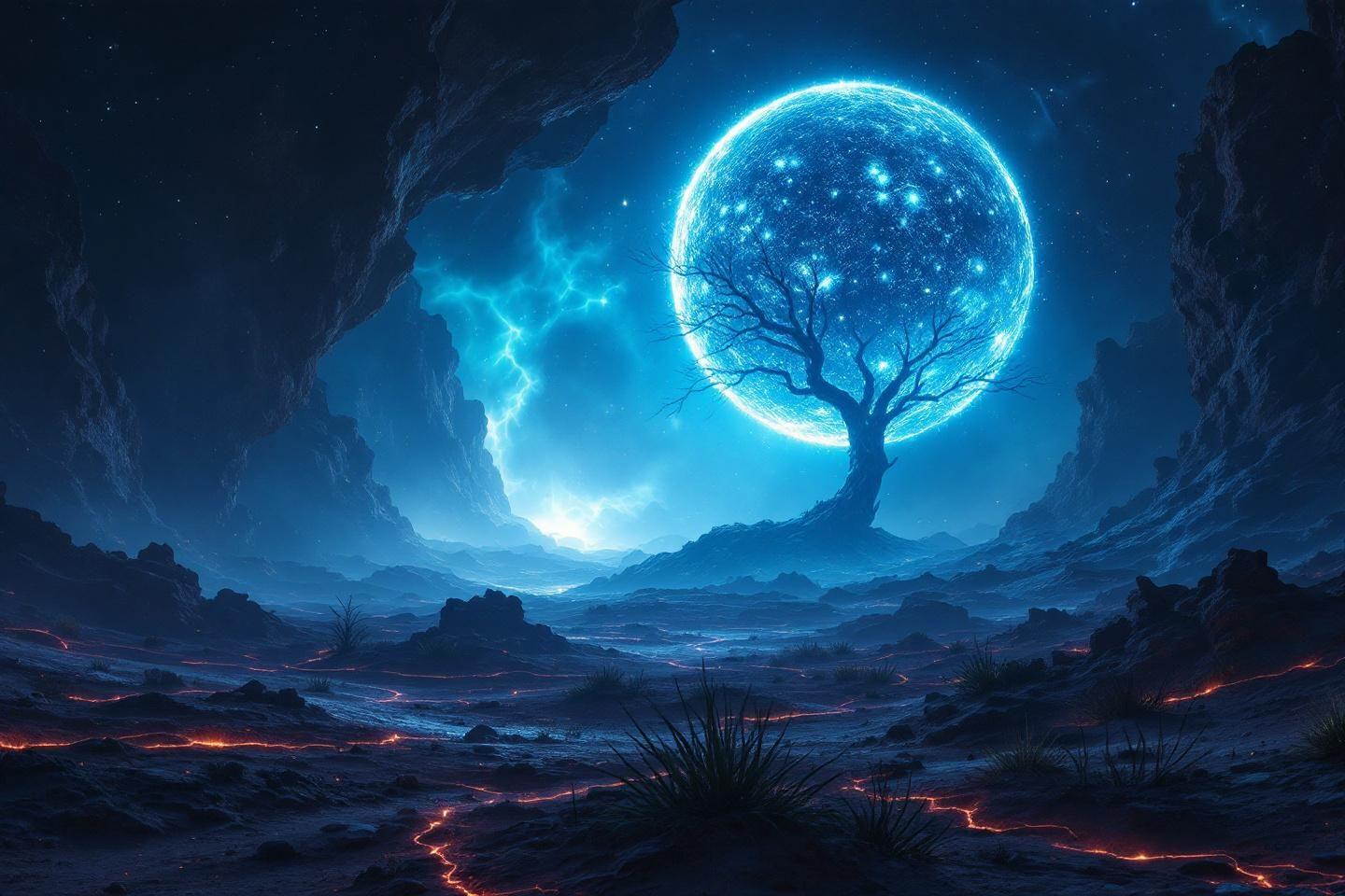 Arbre lumineux et sphérique devant un paysage volcanique bleuté