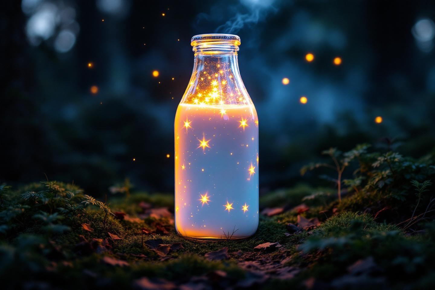 Bouteille en verre brillante avec des &eacute;toiles scintillantes sur mousse