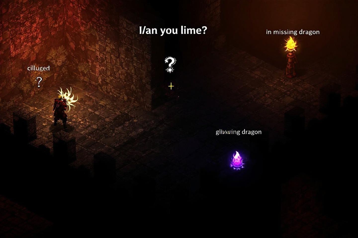 Scène de jeu souterraine avec personnages lumineux et dragons