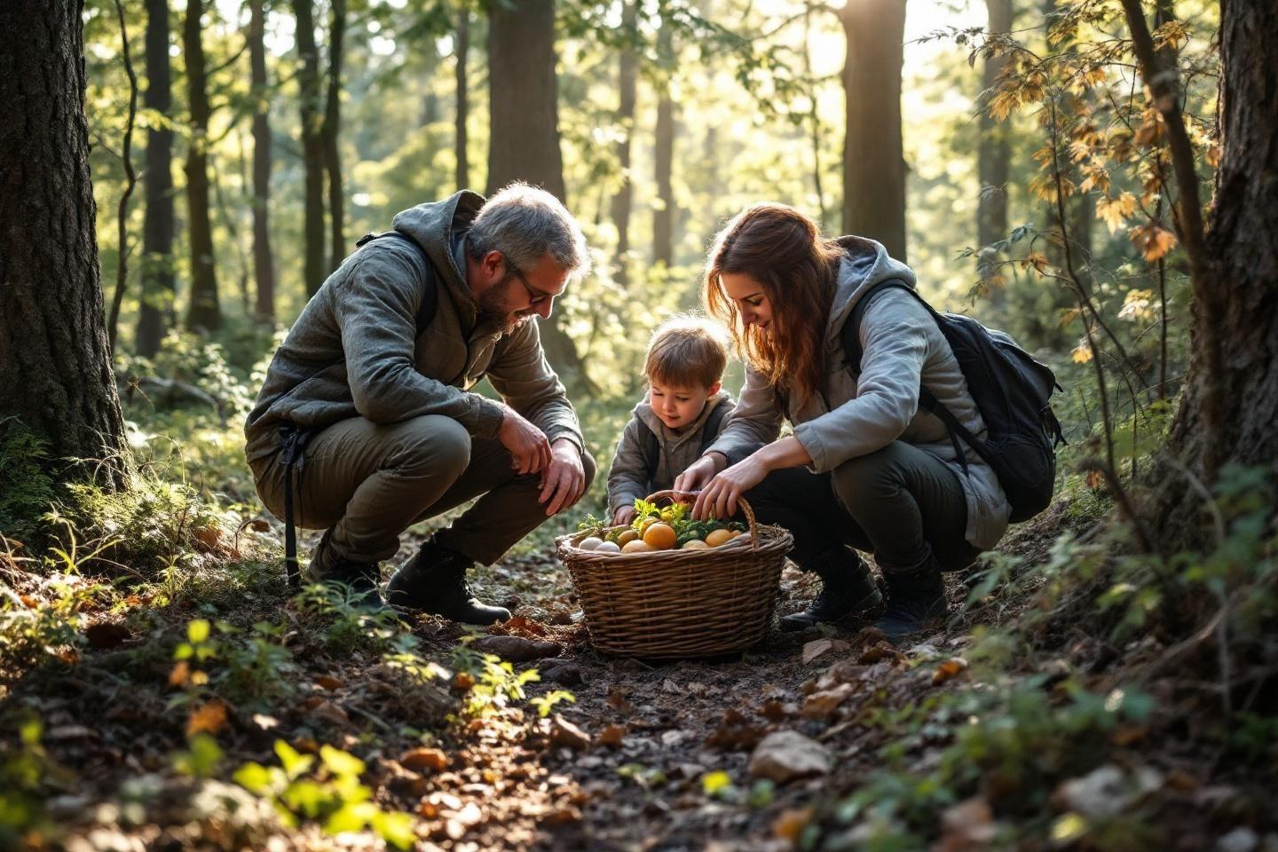 Famille ramassant des fruits dans un panier en forêt