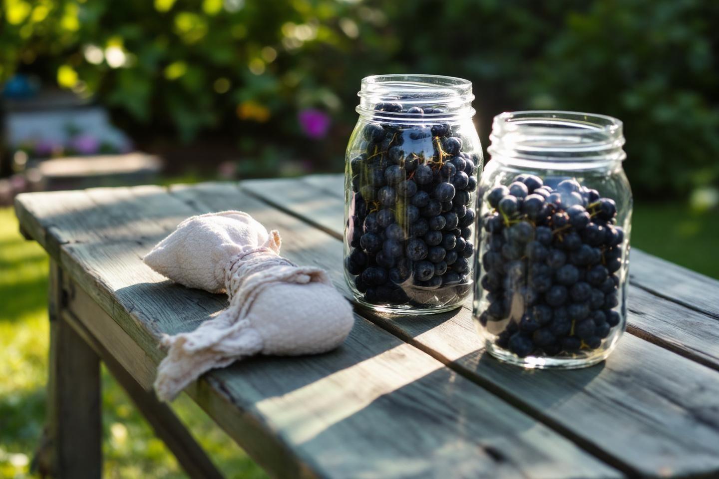 Deux bocaux de raisins noirs sur une table en bois