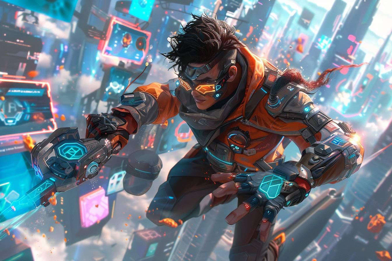 Personnage masculin en armure futuriste dans un environnement cyberpunk