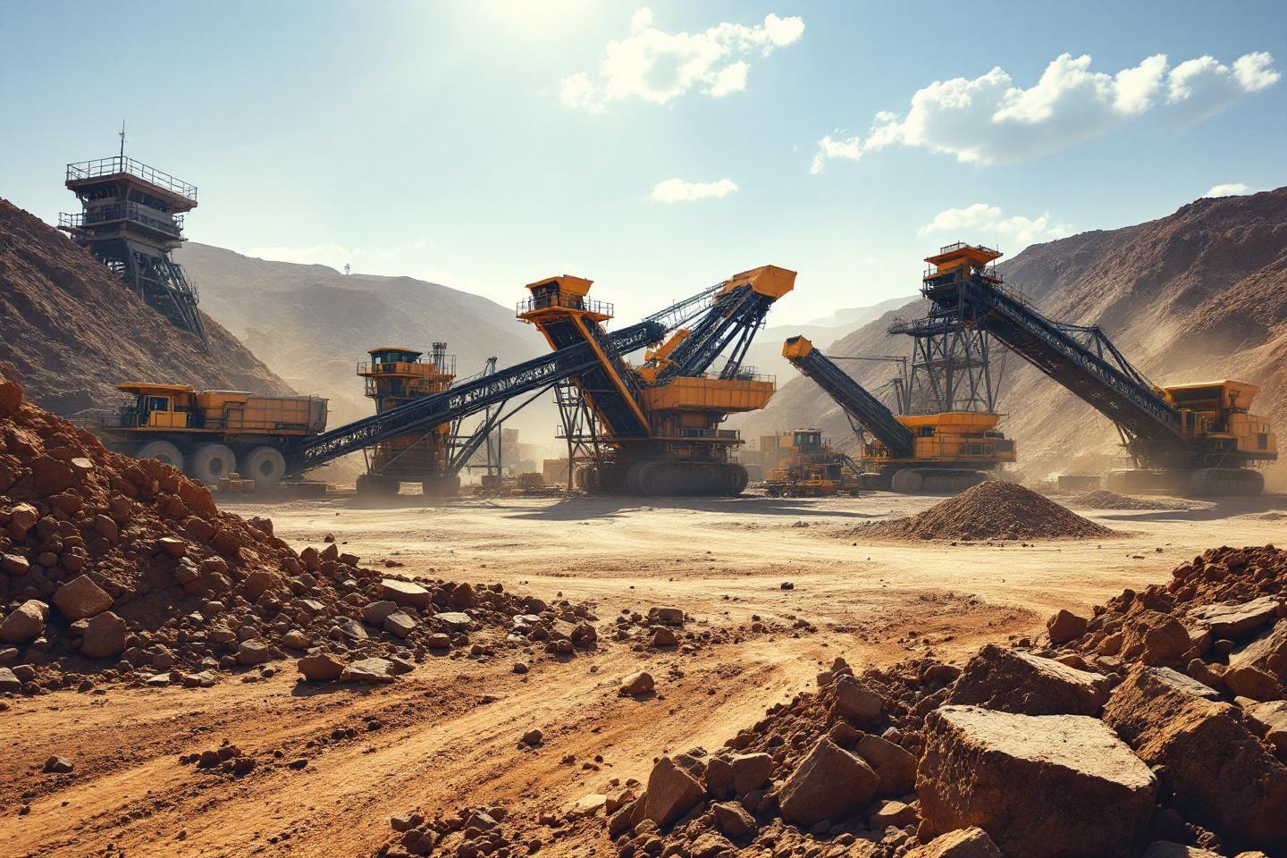 Grandes machines industrielles dans un paysage minier aride