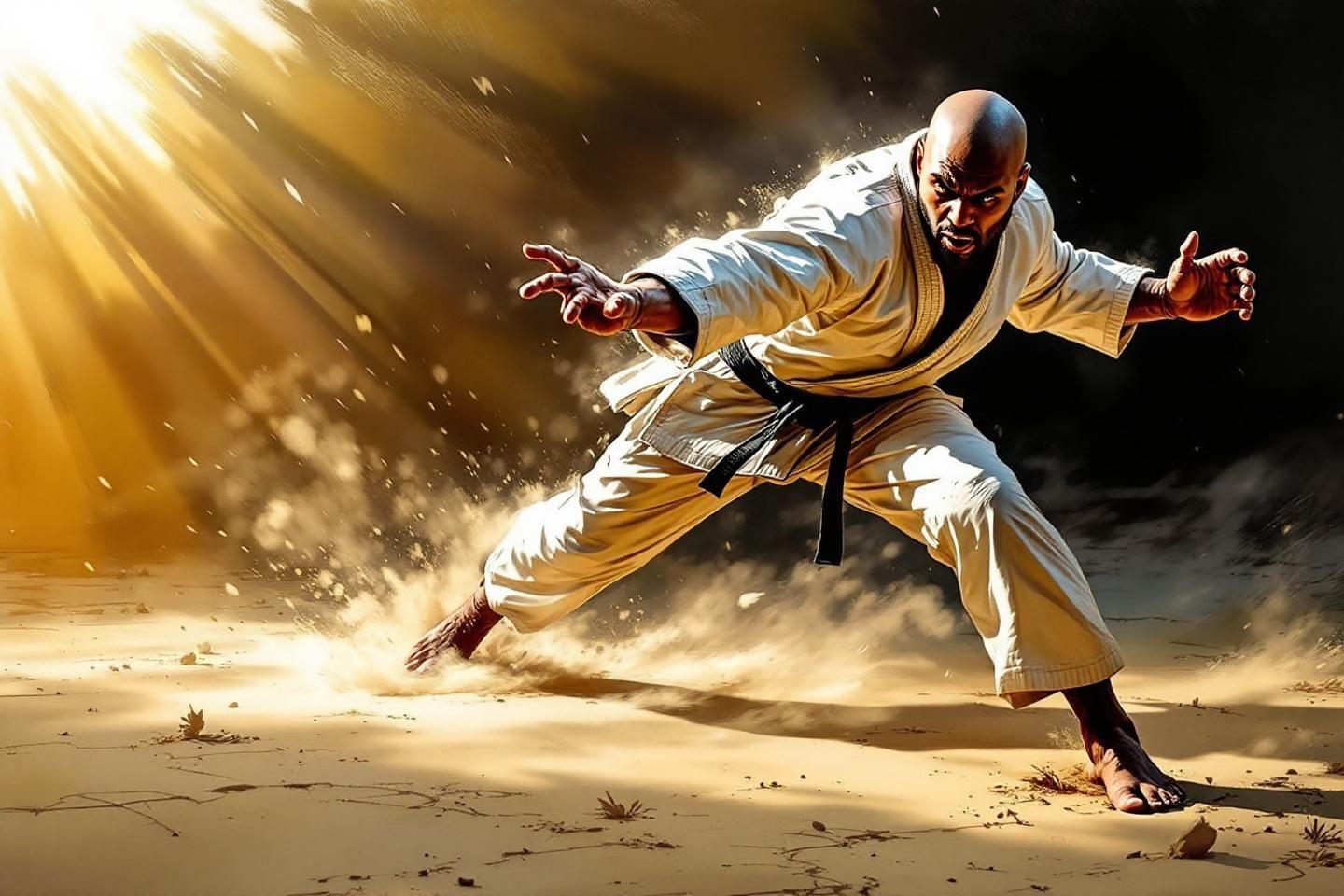Pratiquant en kimono blanc dynamique dans un désert poussiéreux
