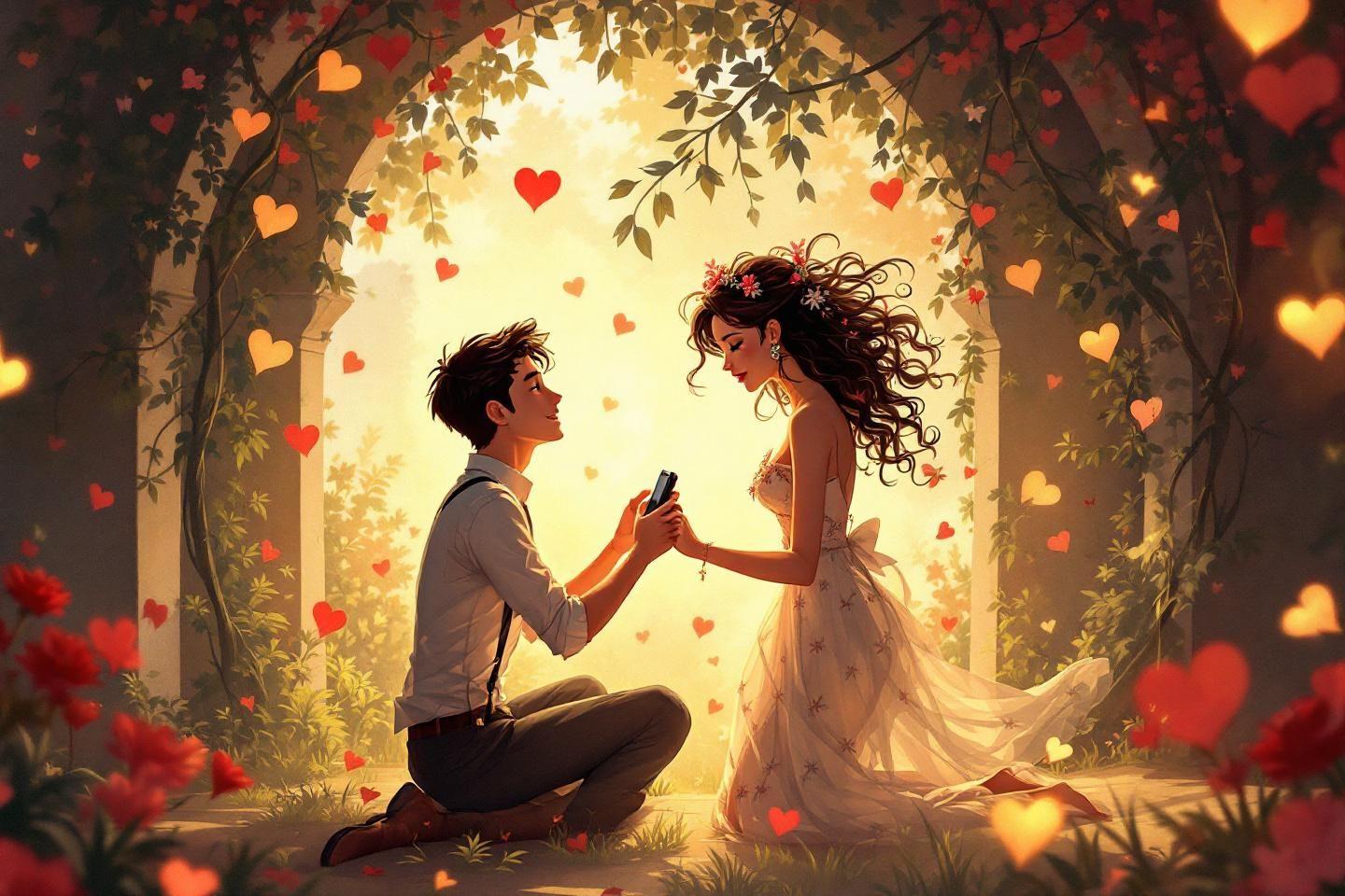 Deux amoureux, une demande en mariage sous des cœurs flottants