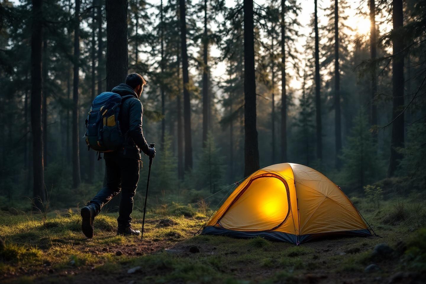 Randonneur près d'une tente jaune illuminée dans une forêt sombre