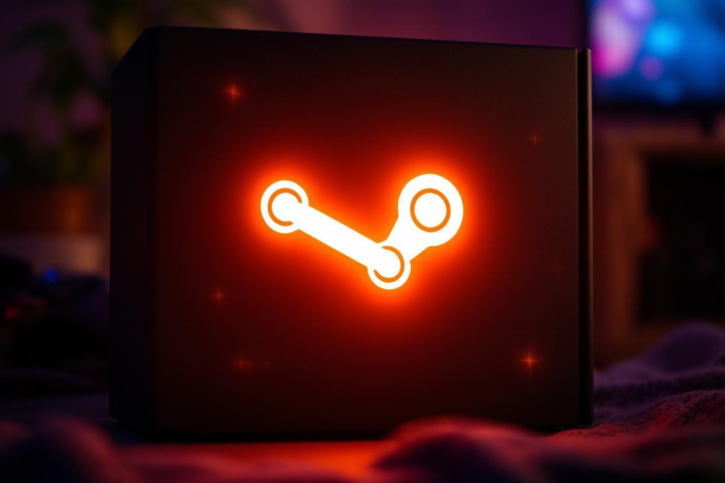 Logo Steam incandescent sur fond sombre avec &eacute;clairage ambiant