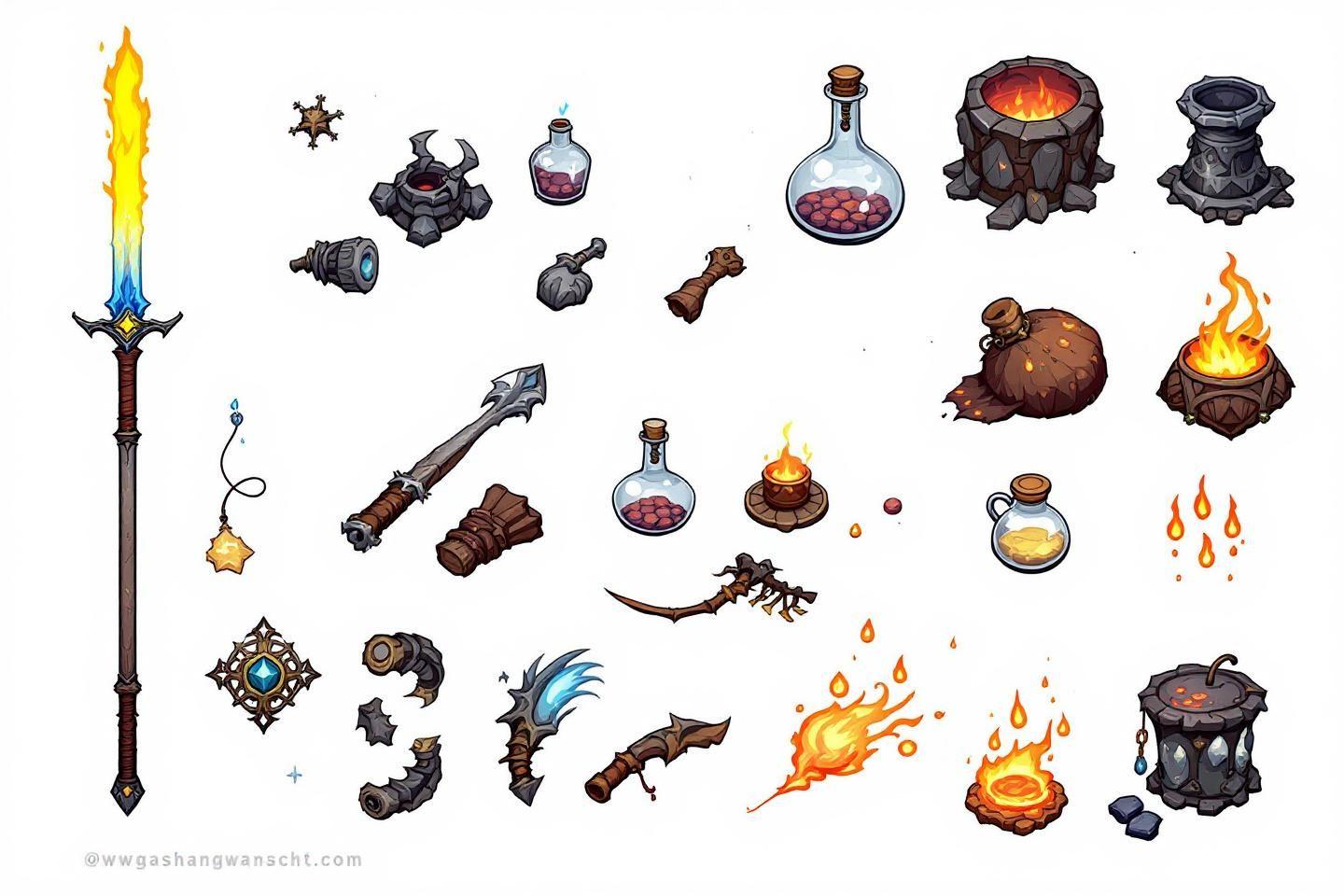 Ensemble d'artefacts et potions de fantasy avec flammes