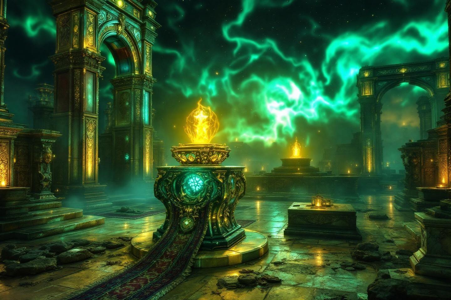 Sanctuaire fantastique avec des autels dorés et une aura émeraude