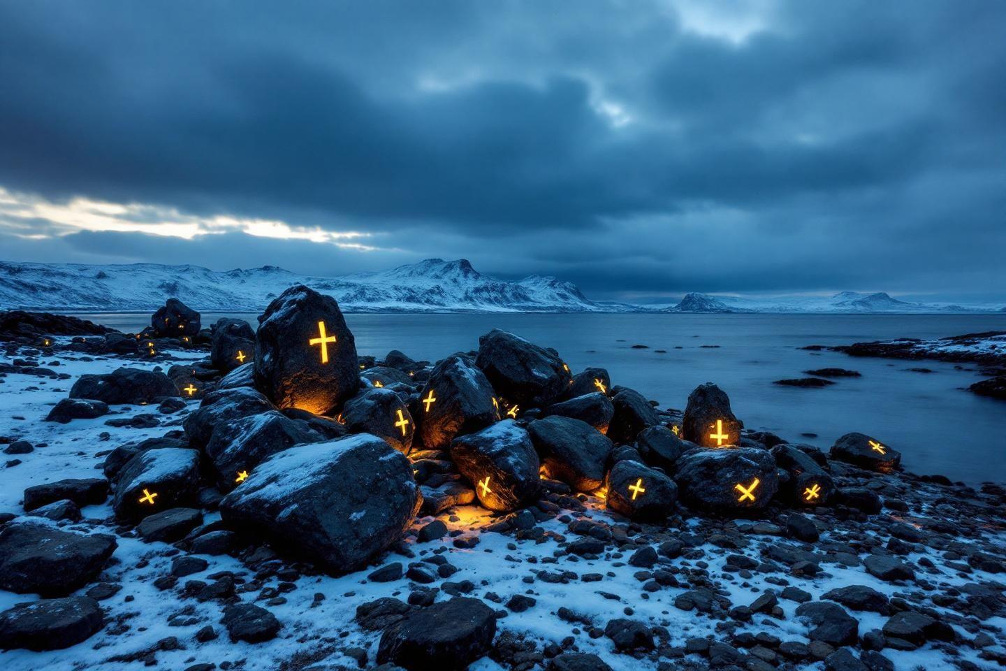 Pierres sombres avec croix brillantes sur rivage enneigé