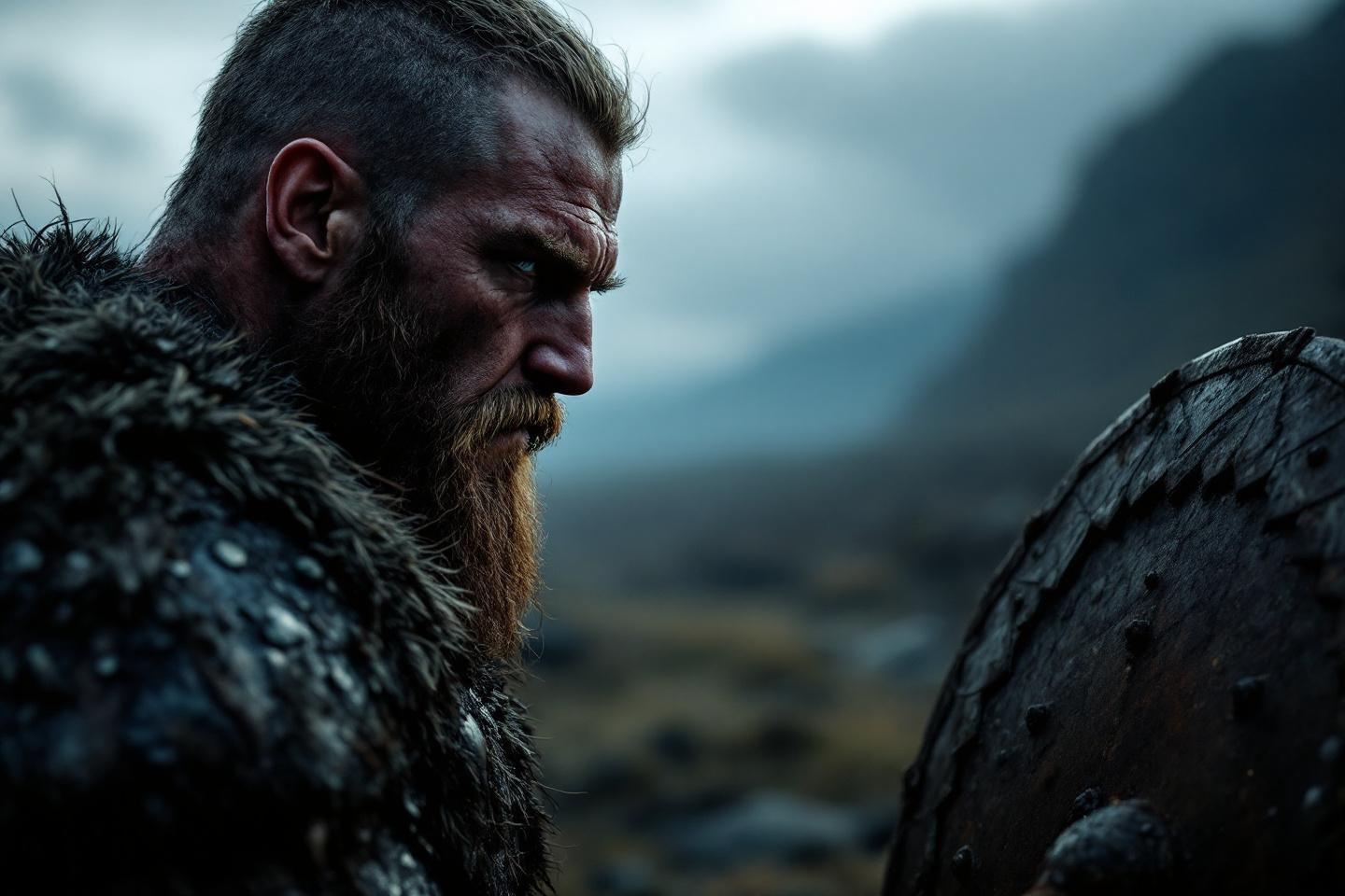 Homme barbu en fourrure, regard intense, paysage montagneux